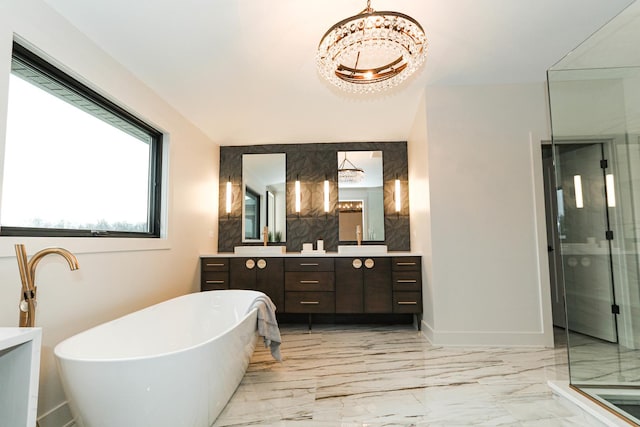 15W601 Grant St, Burr Ridge, IL 60527 - bathroom featuring vanity, shower with separate bathtub, and a chandelier