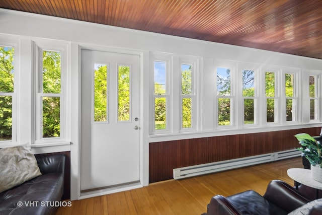 sunroom / solarium with wooden ceiling and a baseboard heating unit