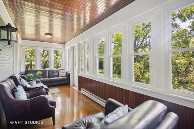 sunroom / solarium with wooden ceiling and a baseboard radiator