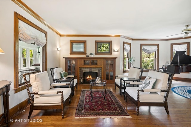 living room with wood finished floors, a fireplace, baseboards, and a wealth of natural light