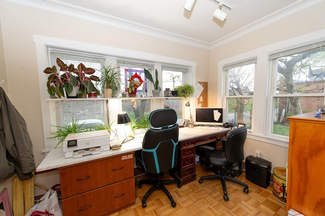 office space with light parquet flooring and ornamental molding