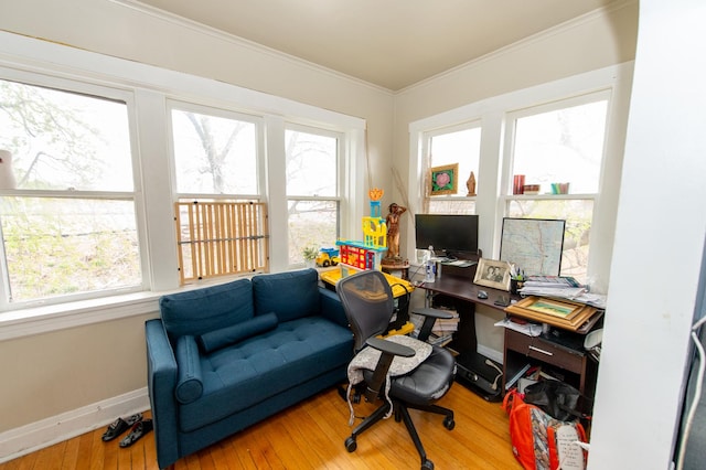 office area with wood-type flooring and ornamental molding