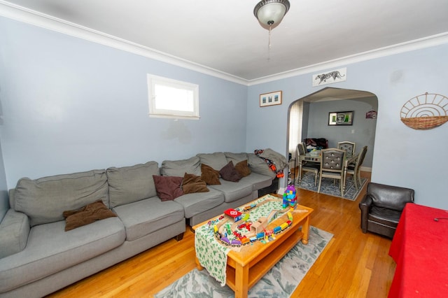 living room with hardwood / wood-style floors and ornamental molding