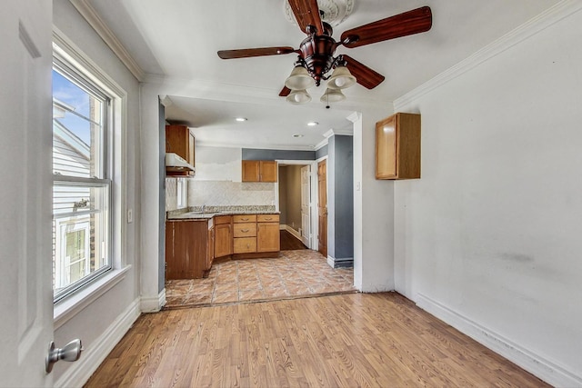 kitchen featuring tasteful backsplash, ceiling fan, crown molding, sink, and light hardwood / wood-style floors