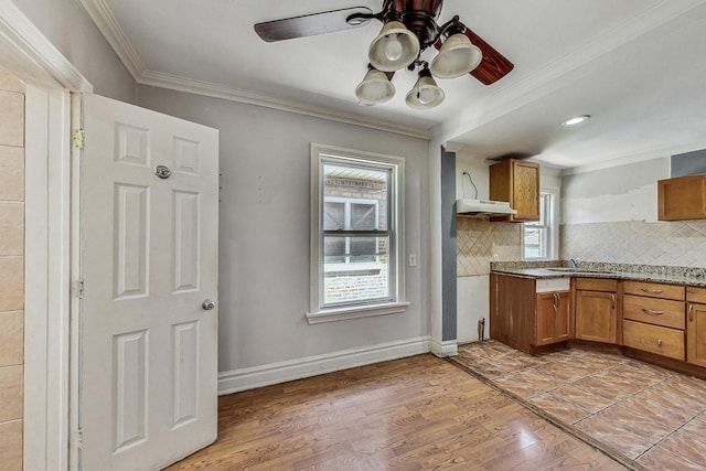 kitchen with backsplash, ceiling fan, crown molding, sink, and light hardwood / wood-style flooring