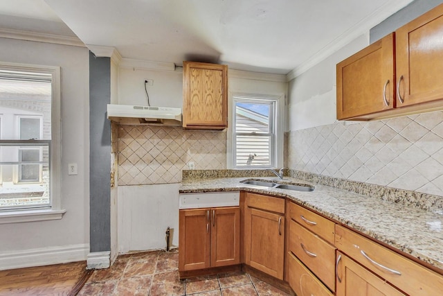 kitchen featuring decorative backsplash, crown molding, sink, and light stone counters