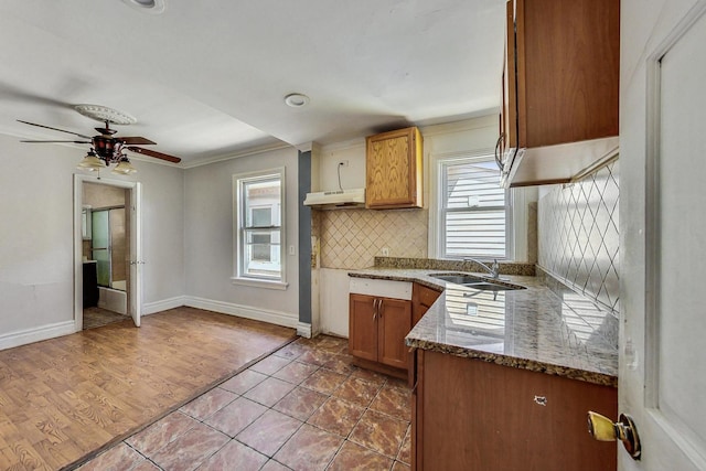 kitchen featuring stone counters, sink, hardwood / wood-style flooring, ornamental molding, and tasteful backsplash