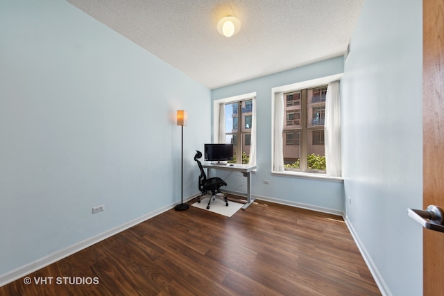 office space featuring a textured ceiling, vaulted ceiling, and dark hardwood / wood-style flooring