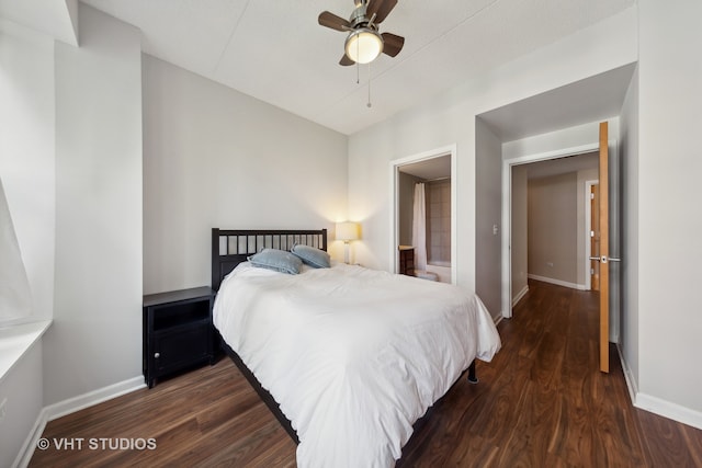 bedroom featuring hardwood / wood-style flooring, ceiling fan, and connected bathroom