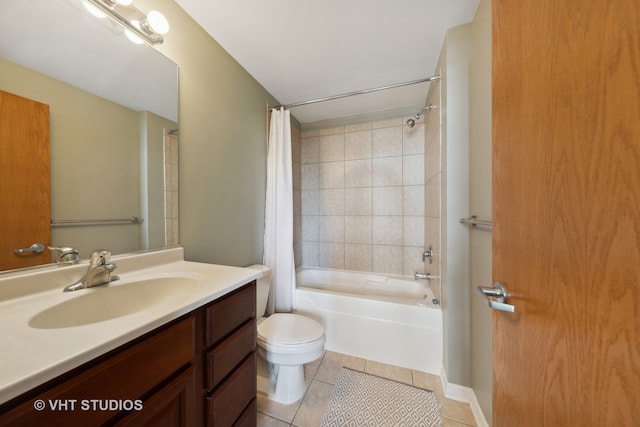 full bathroom featuring tile floors, shower / tub combo with curtain, oversized vanity, and toilet