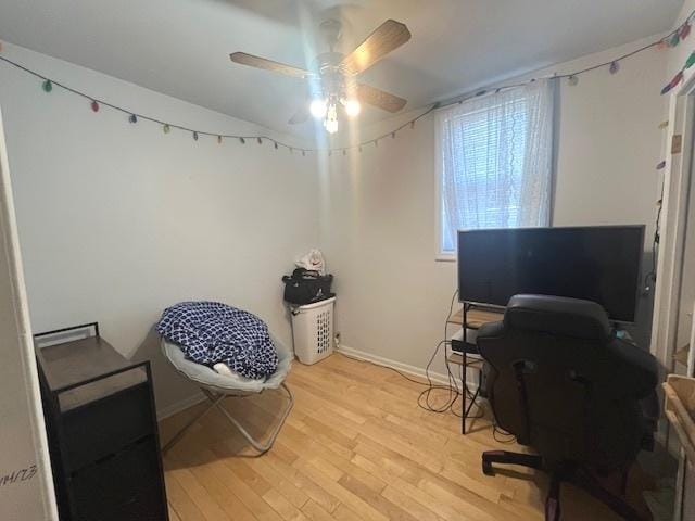 home office with ceiling fan and light wood-type flooring