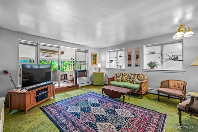 carpeted living area with baseboard heating and a baseboard radiator