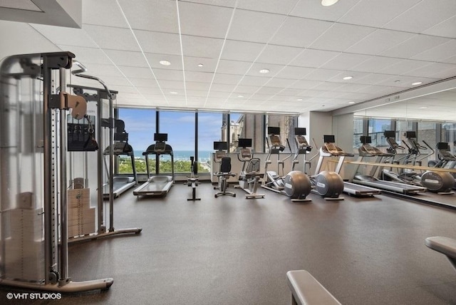 exercise room with floor to ceiling windows and a drop ceiling