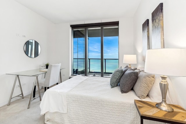 bedroom with access to exterior, light colored carpet, and a water view