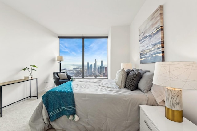 bedroom with light colored carpet