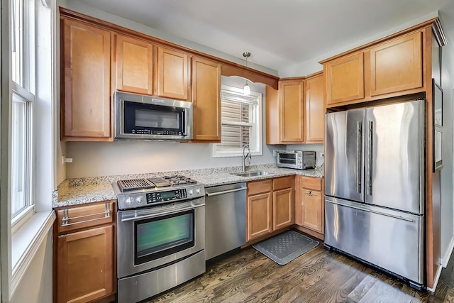 kitchen featuring decorative light fixtures, appliances with stainless steel finishes, dark hardwood / wood-style floors, and a healthy amount of sunlight