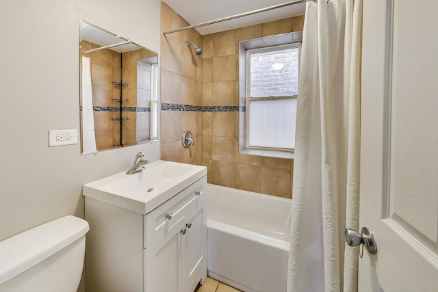 full bathroom with vanity, toilet, and shower / bath combination with curtain