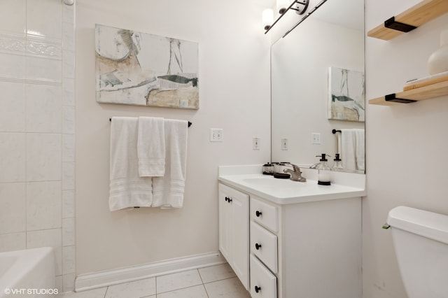 full bathroom with vanity, toilet, tile patterned floors, and plus walk in shower