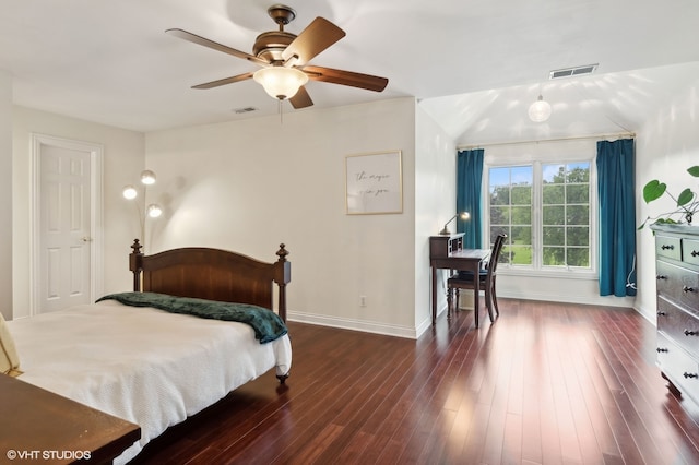 bedroom featuring ceiling fan and dark hardwood / wood-style flooring