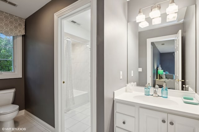 full bathroom with shower / bathtub combination with curtain, tile patterned flooring, toilet, and vanity