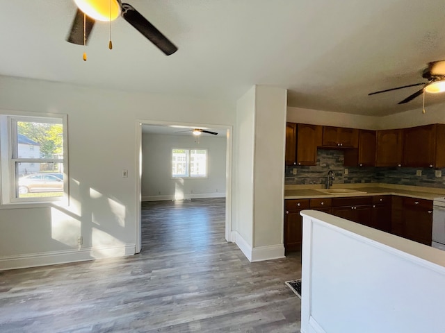 kitchen featuring light hardwood / wood-style flooring, sink, white stove, and backsplash