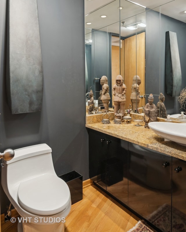 bathroom with vanity, hardwood / wood-style flooring, and toilet