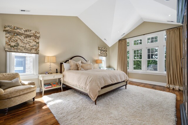 bedroom with lofted ceiling and dark wood-type flooring