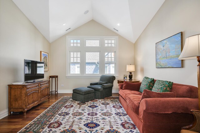 living room with high vaulted ceiling and dark hardwood / wood-style floors