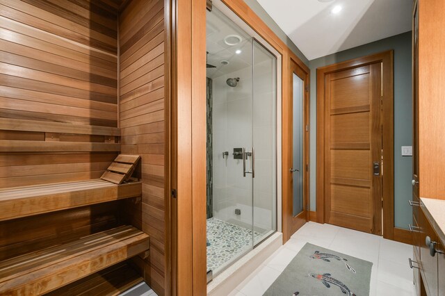 view of sauna / steam room with tile patterned floors