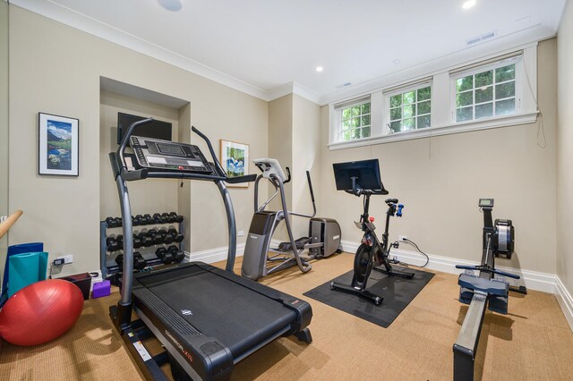 exercise area featuring ornamental molding and carpet floors