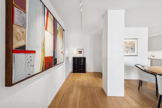 hall featuring rail lighting and light hardwood / wood-style flooring