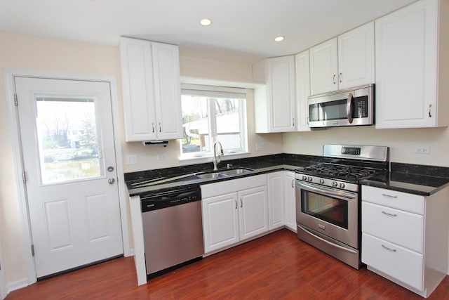 kitchen with white cabinetry, sink, dark wood-type flooring, and stainless steel appliances