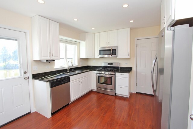 kitchen with white cabinets, sink, dark hardwood / wood-style floors, and stainless steel appliances