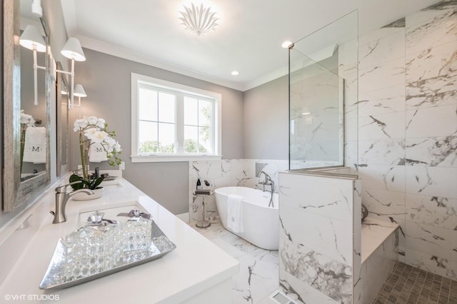 bathroom featuring vanity, crown molding, shower with separate bathtub, and tile walls