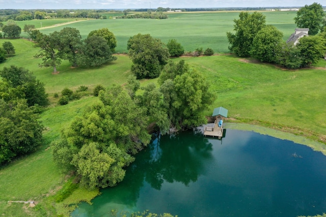 bird's eye view featuring a water view and a rural view