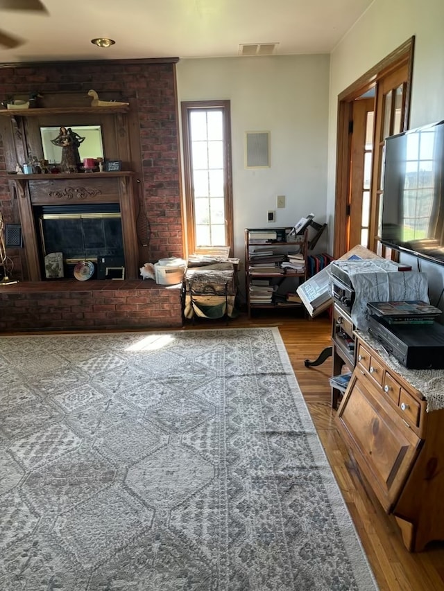 living room featuring a fireplace and wood-type flooring