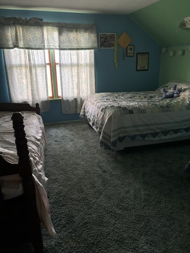 bedroom featuring lofted ceiling and carpet