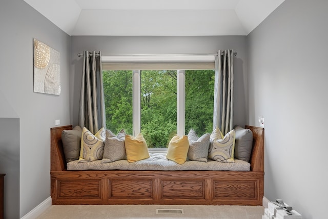 sitting room with carpet floors and vaulted ceiling