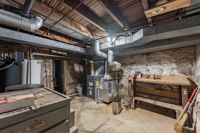 unfinished basement featuring water heater and heating unit