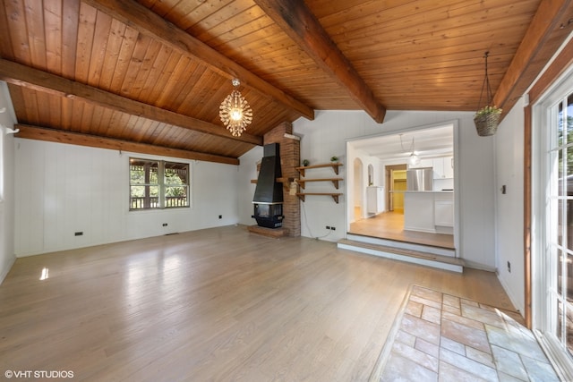 unfurnished living room featuring lofted ceiling with beams, light hardwood / wood-style floors, a wealth of natural light, and wood ceiling