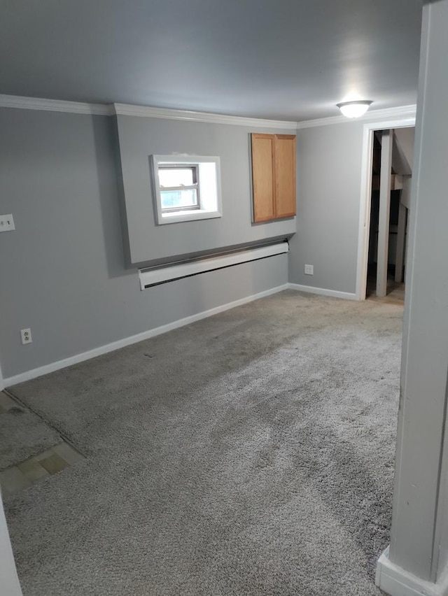 basement with crown molding and carpet flooring