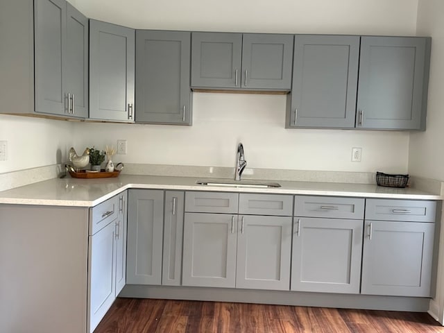 kitchen featuring gray cabinetry, sink, and dark wood-type flooring