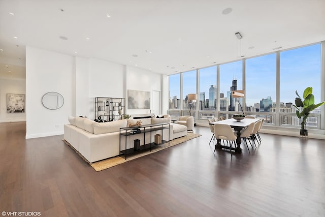 living room with expansive windows and dark wood-type flooring