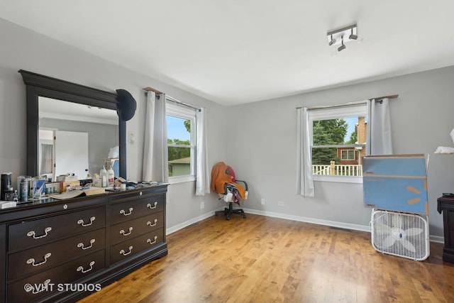 bedroom with multiple windows and light hardwood / wood-style flooring