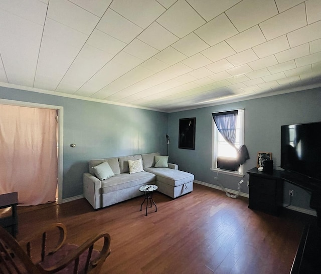 living room with ornamental molding and wood-type flooring