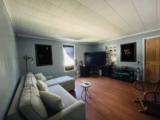 living room featuring ornamental molding and wood-type flooring