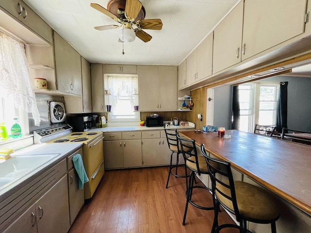 kitchen featuring electric stove, ceiling fan, hardwood / wood-style flooring, sink, and cream cabinets