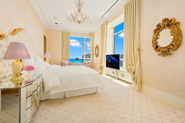 bedroom with a chandelier and ornamental molding