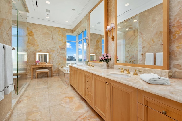 bathroom featuring tile walls, vanity, ornamental molding, and plus walk in shower