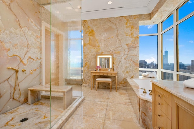 bathroom featuring shower with separate bathtub